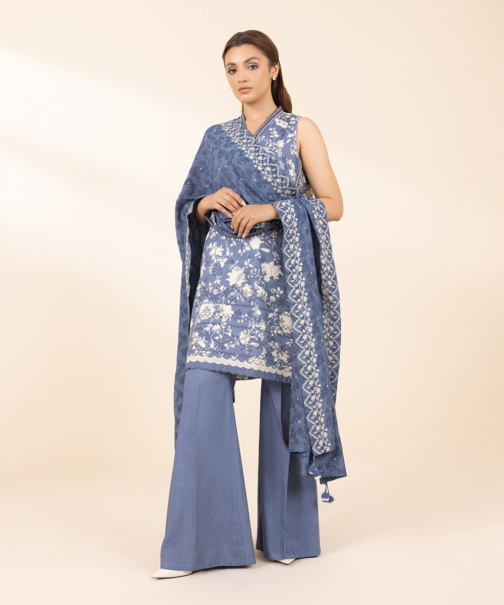 Women's Unstitched Arabic Lawn Embroidered Blue 3 Piece Suit