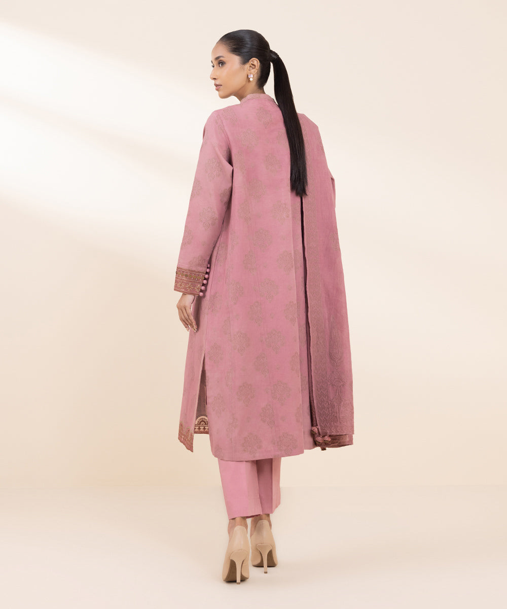 Women's Unstitched Extra Weft Jacquard Embroidered Pink 3 Piece Suit