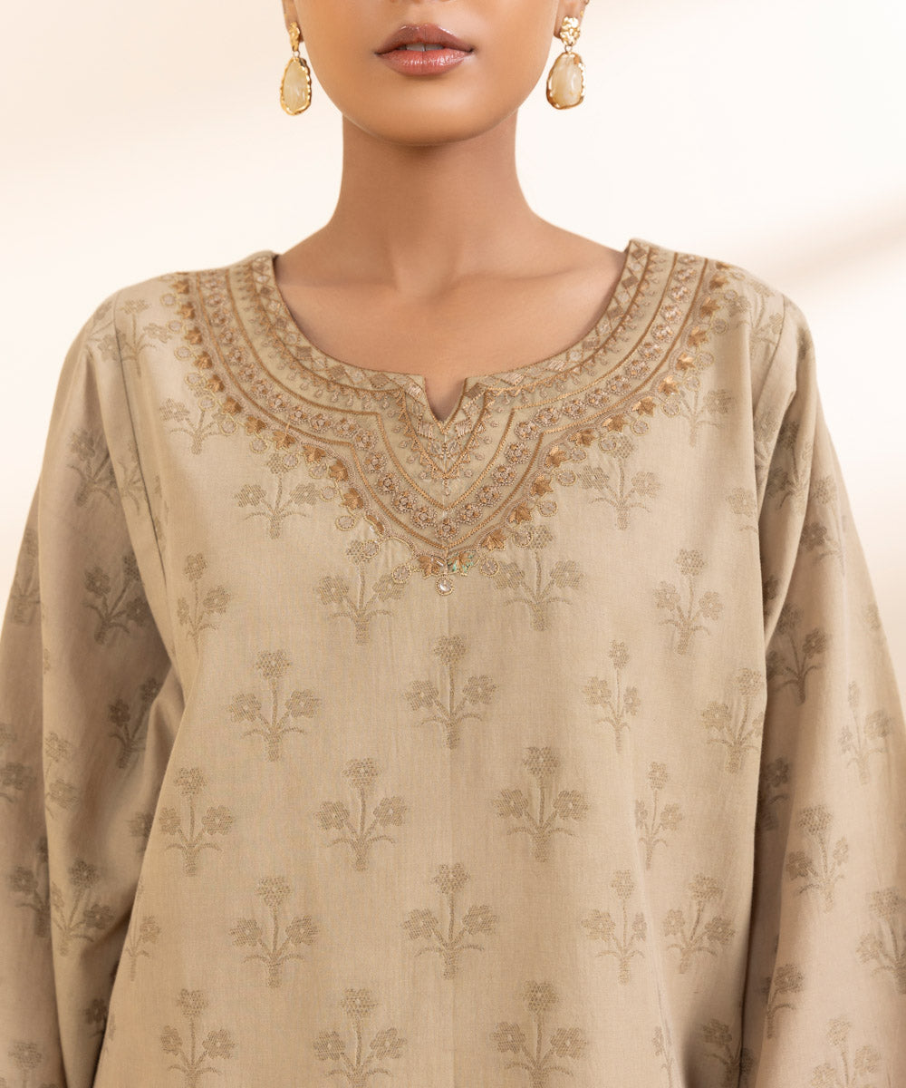 Women's Unstitched Extra Weft Jacquard Embroidered Beige 3 Piece Suit