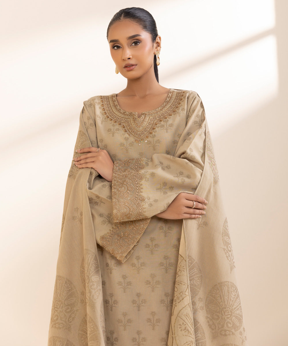 Women's Unstitched Extra Weft Jacquard Embroidered Beige 3 Piece Suit