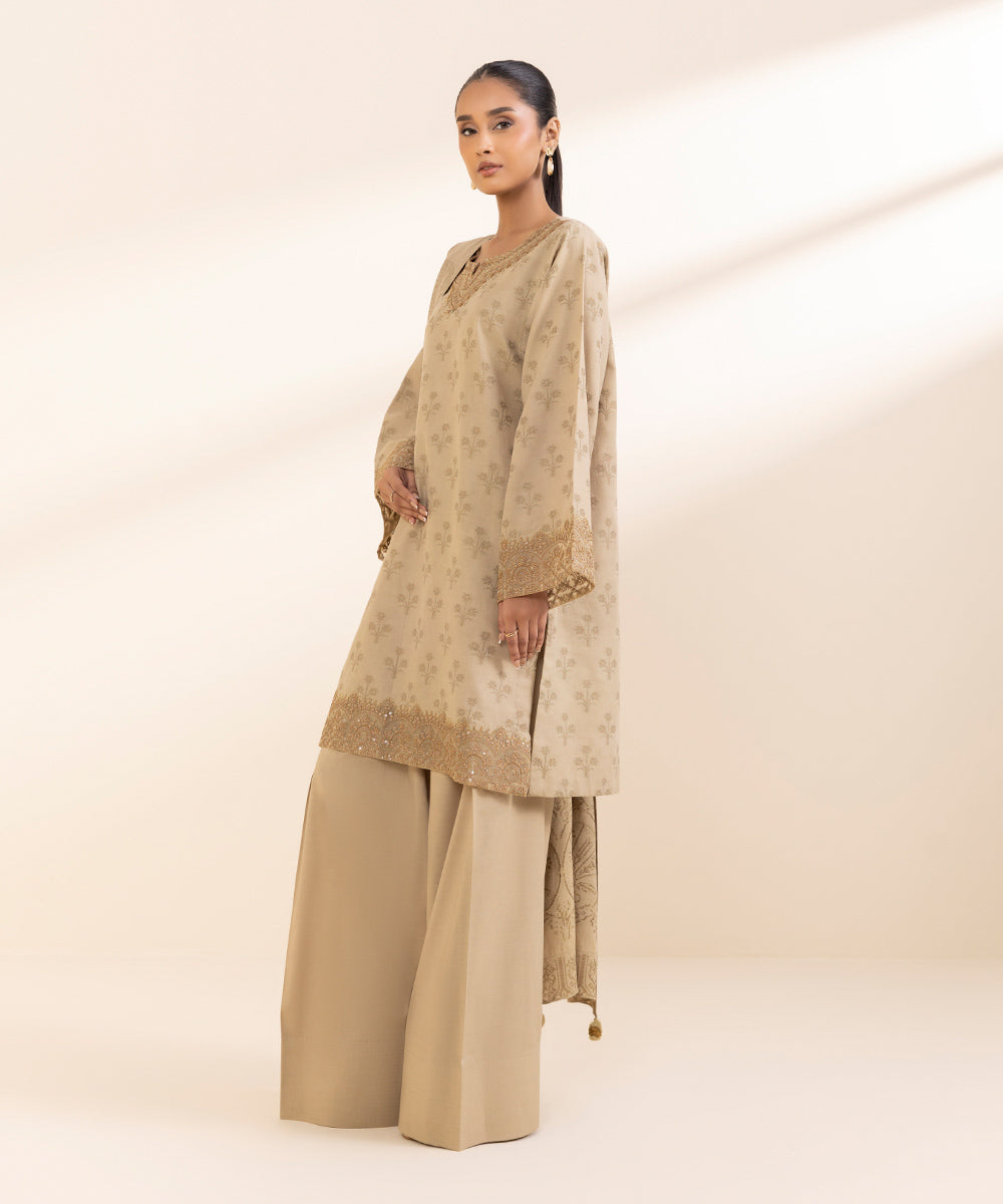 Women's Unstitched Extra Weft Jacquard Embroidered Beige 3 Piece Suit