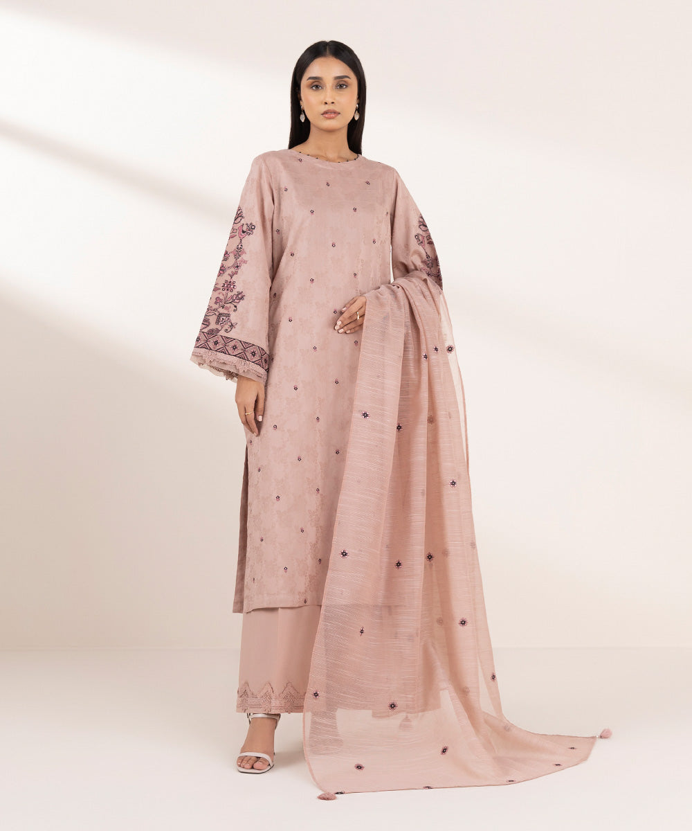 Blended Raw Net Pink Embroidered Dupatta