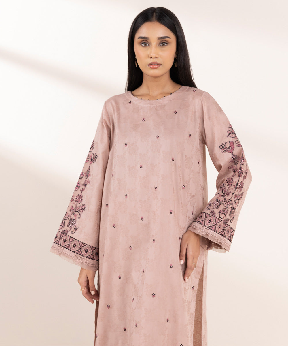 Women's Pret Cotton Jacquard Pink Embroidered A-Line Shirt