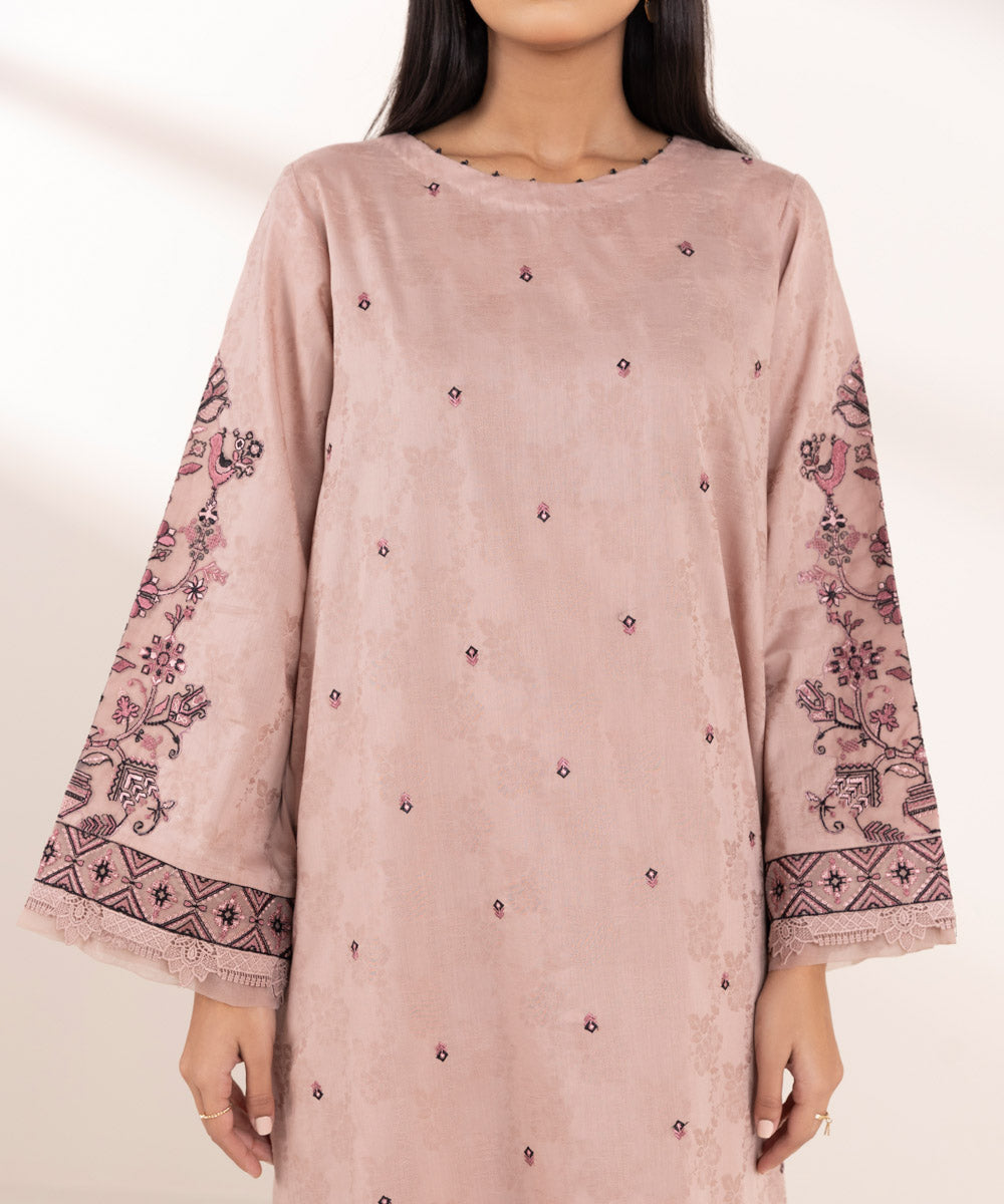 Women's Pret Cotton Jacquard Pink Embroidered A-Line Shirt