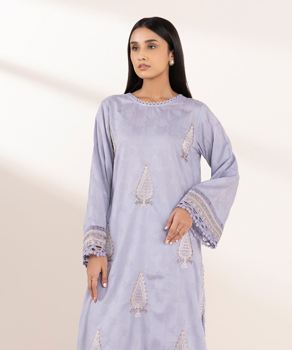 Women's Pret Cotton Jacquard Blue Embroidered A-Line Shirt