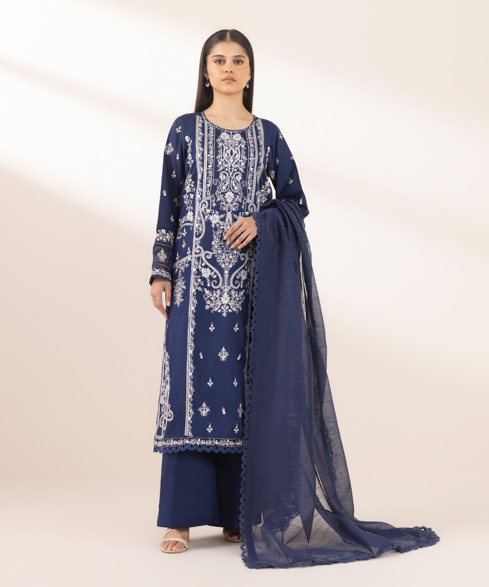 Blended Raw Net Blue Solid Dupatta