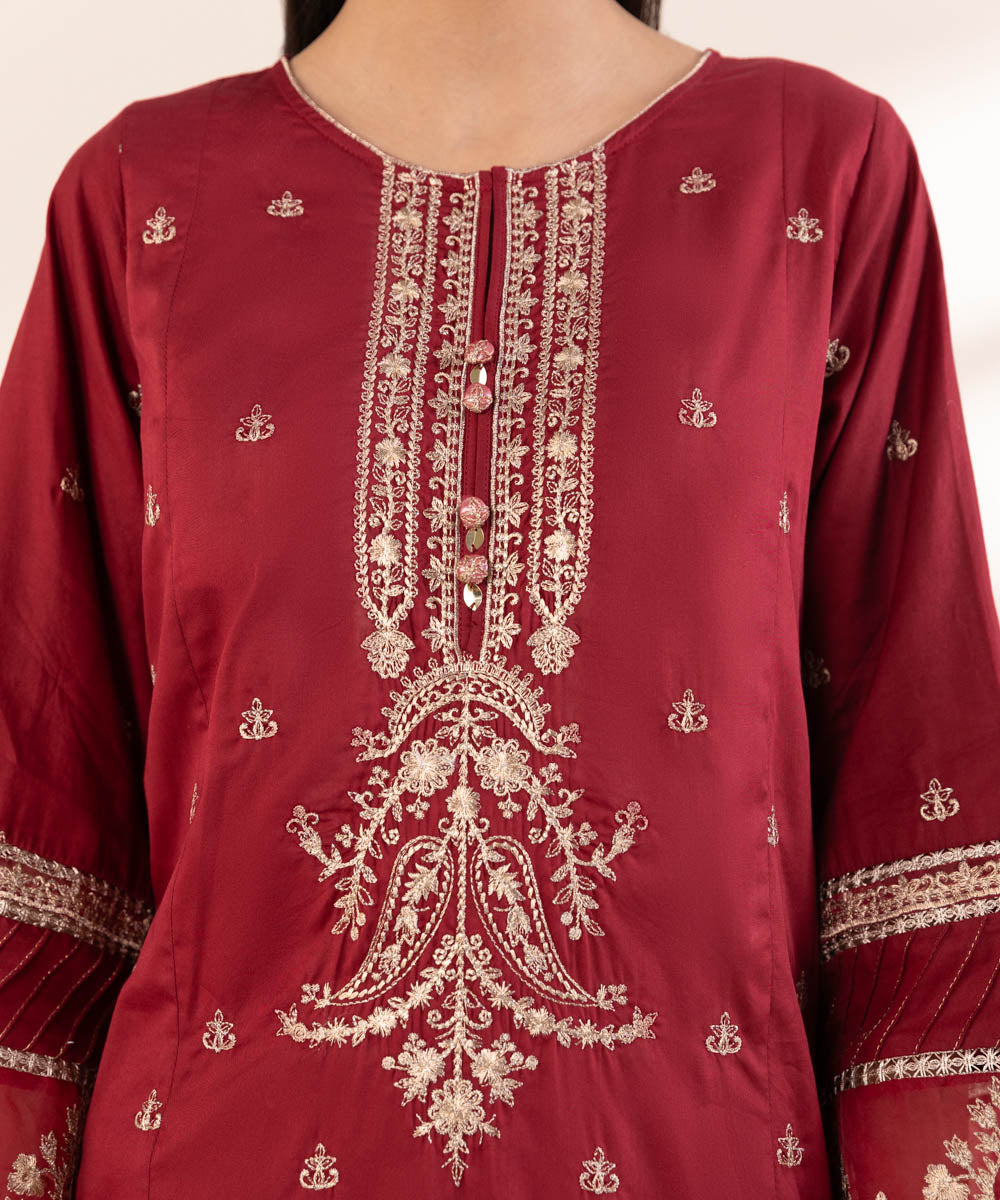 Women's Pret Cotton Satin Red Embroidered A-Line Shirt