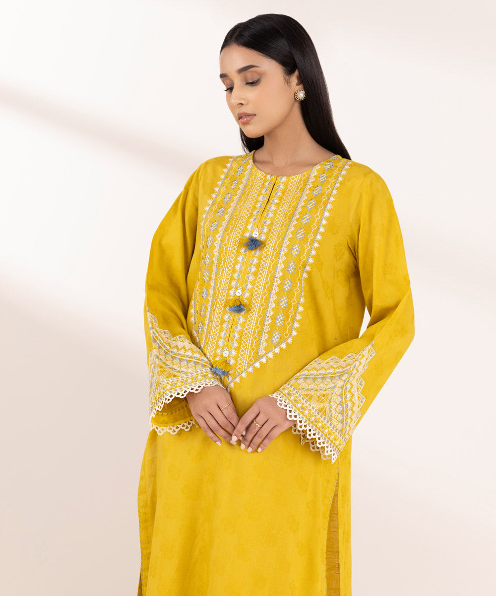 Women's Pret Cotton Jacquard Yellow Embroidered A-Line Shirt