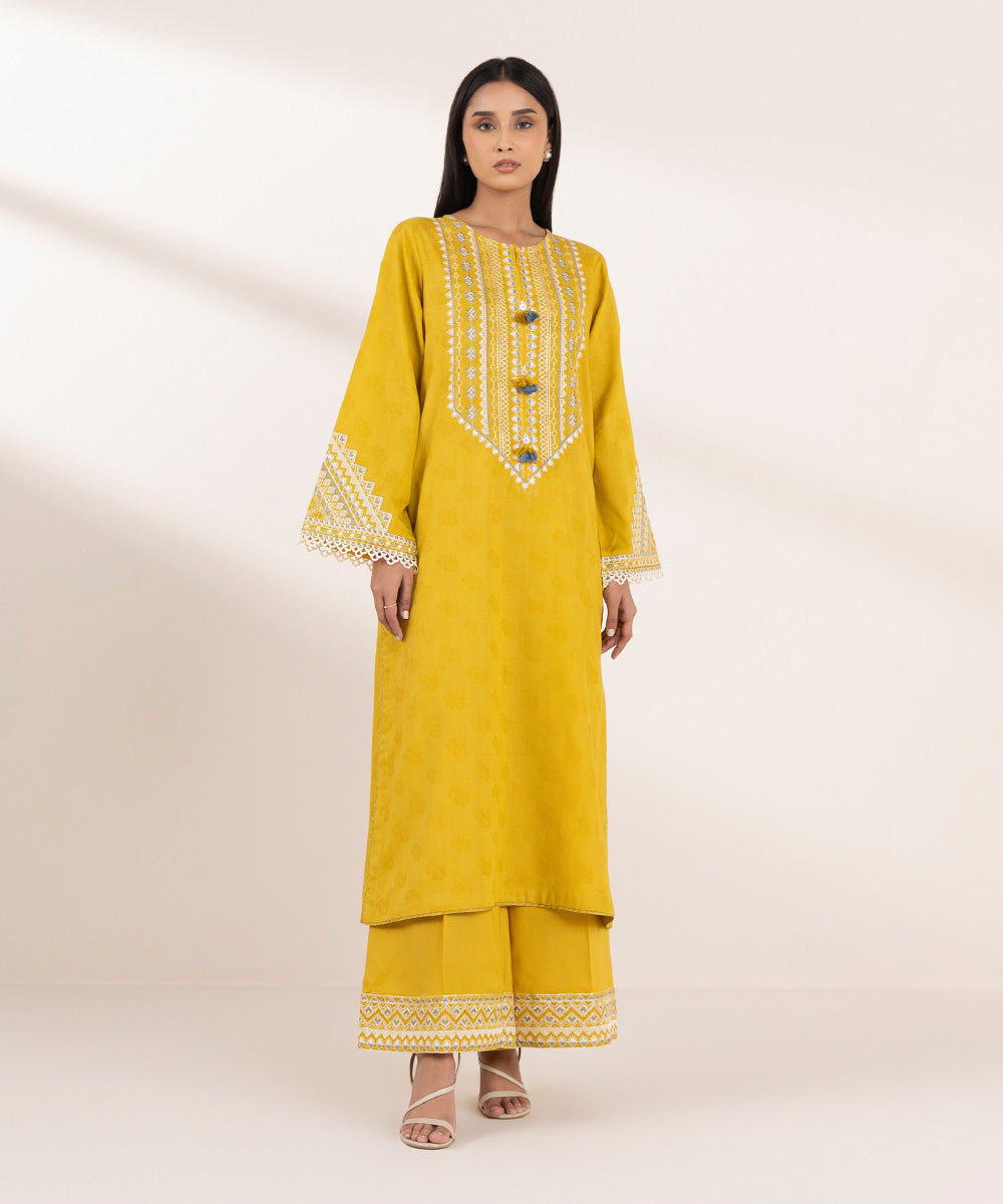 Women's Pret Cotton Jacquard Yellow Embroidered A-Line Shirt