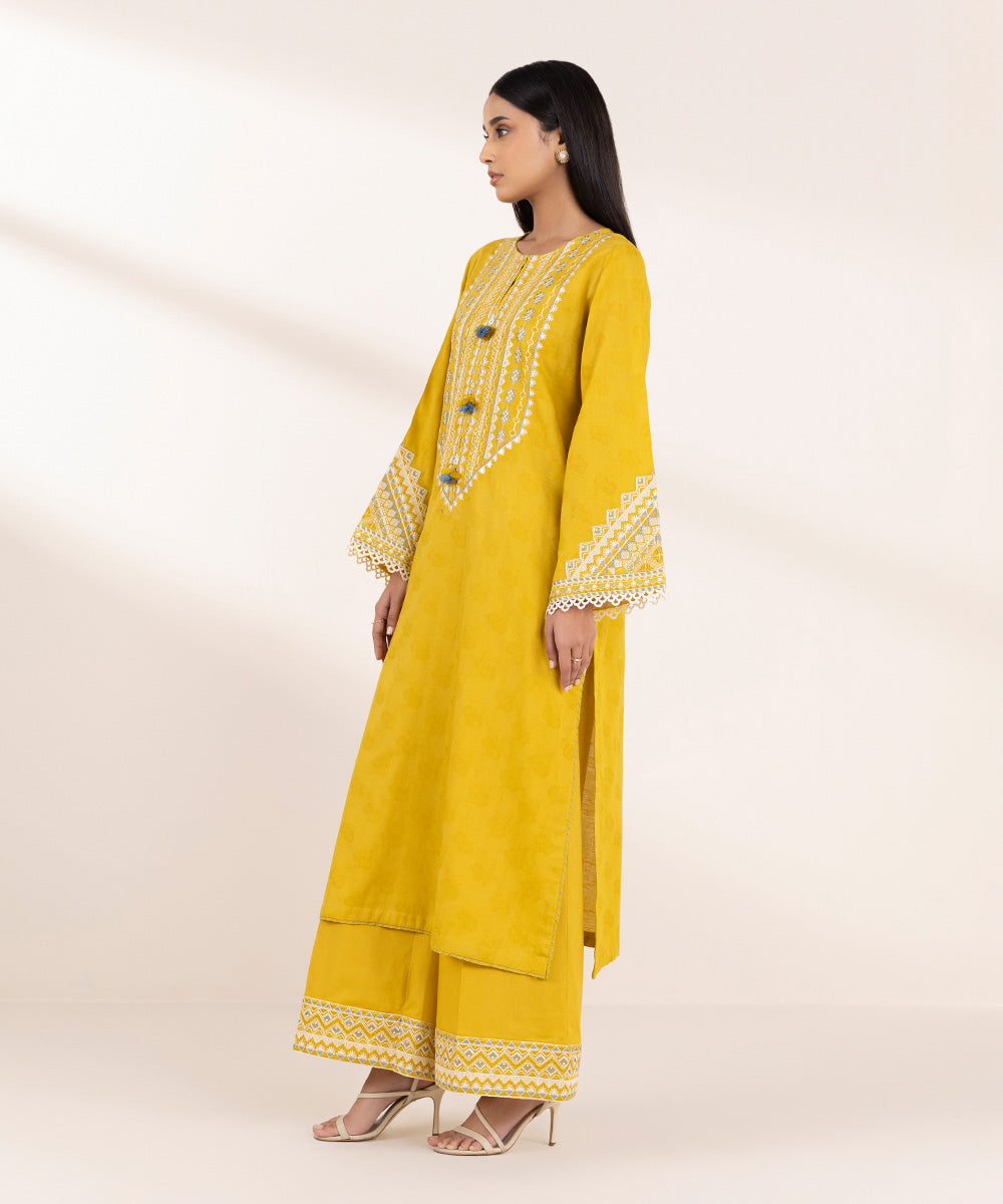 Women's Pret Cotton Jacquard Yellow Embroidered A-Line Shirt