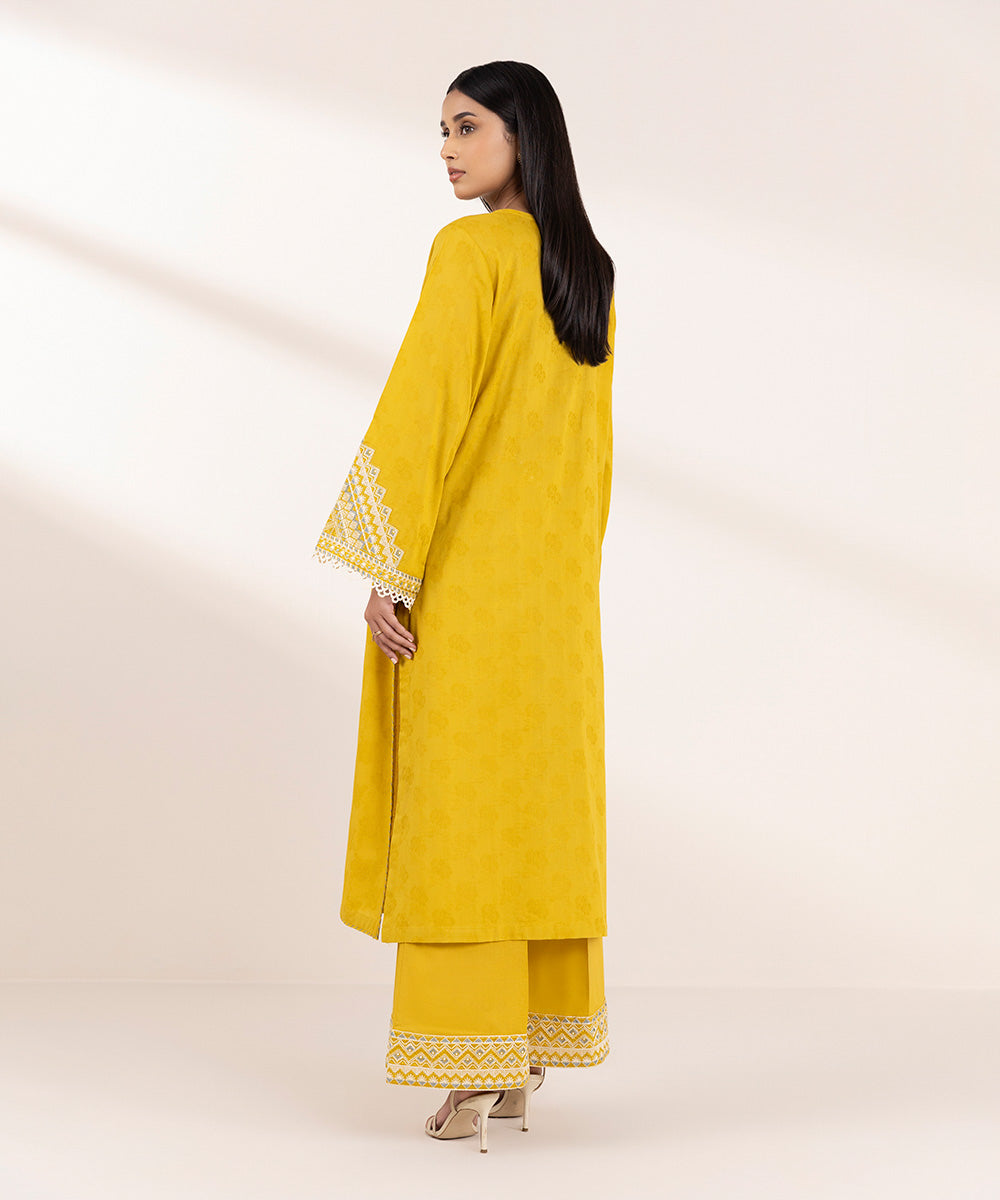 Women's Pret Cotton Jacquard Yellow Embroidered A-Line Shirt