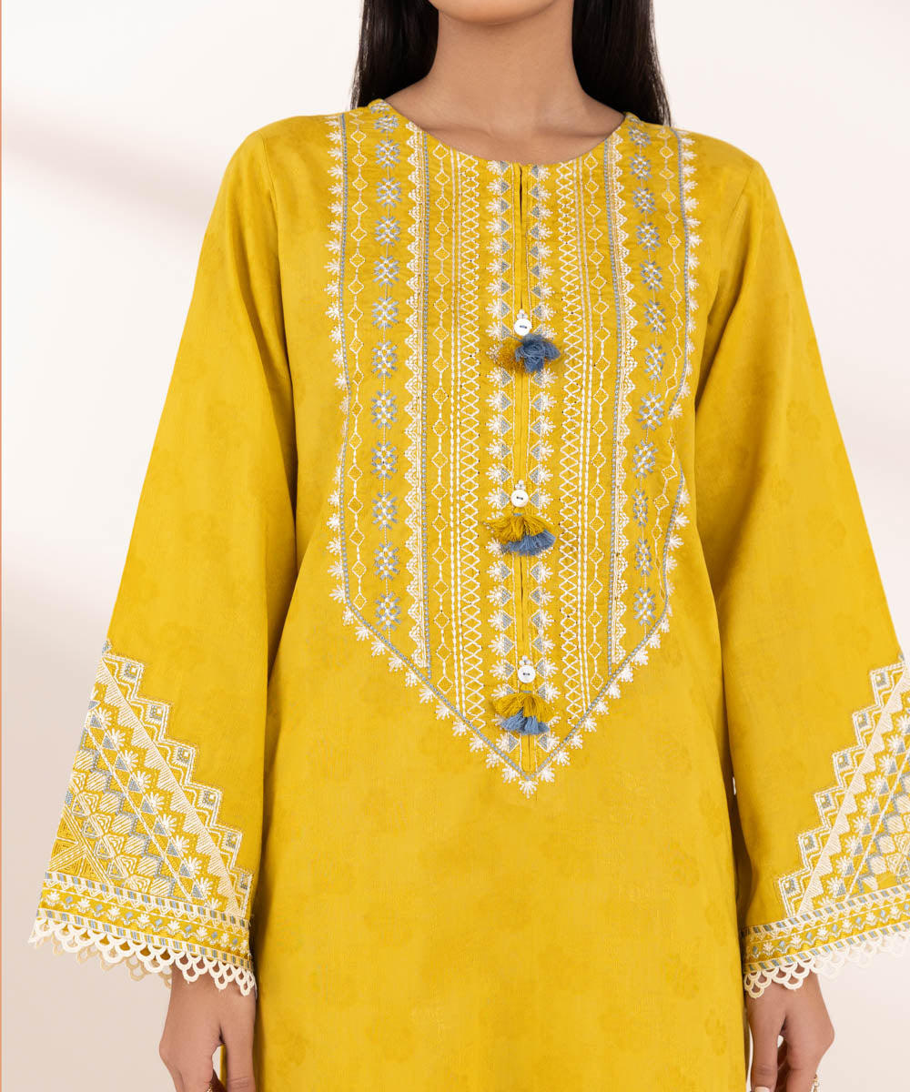 Women's Pret Cotton Jacquard Yellow Embroidered A-Line Shirt