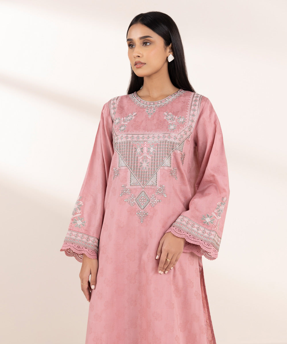 Women's Pret Cotton Jacquard Pink Embroidered A-Line Shirt