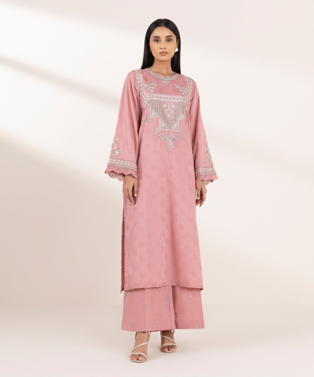 Women's Pret Cotton Jacquard Pink Embroidered A-Line Shirt