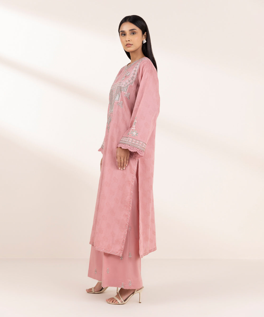 Women's Pret Cotton Jacquard Pink Embroidered A-Line Shirt