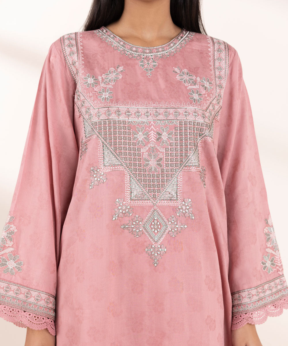 Women's Pret Cotton Jacquard Pink Embroidered A-Line Shirt