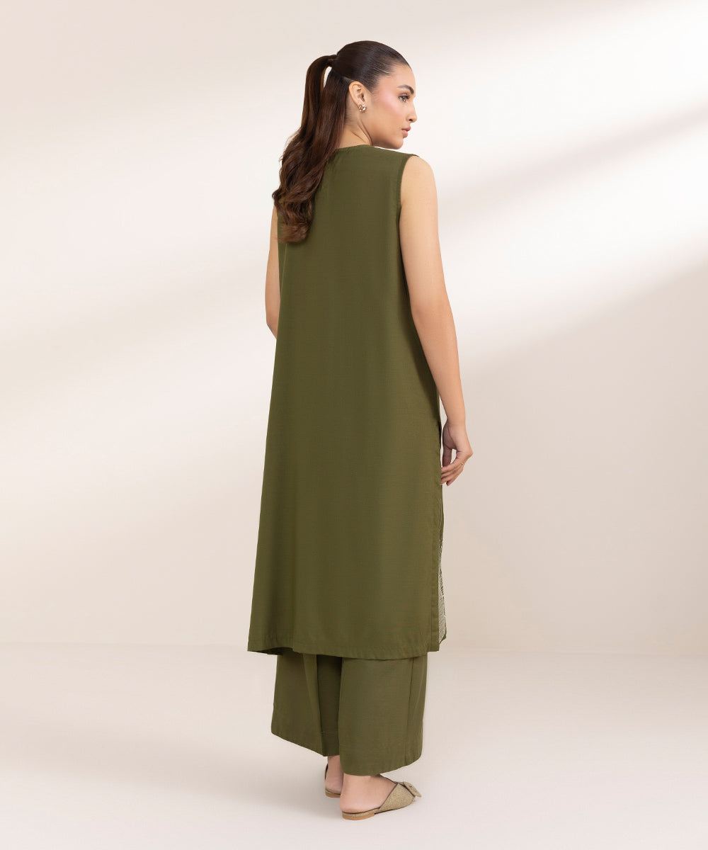 Women's Pret Raw Silk Embroidered Green A-Line Shirt