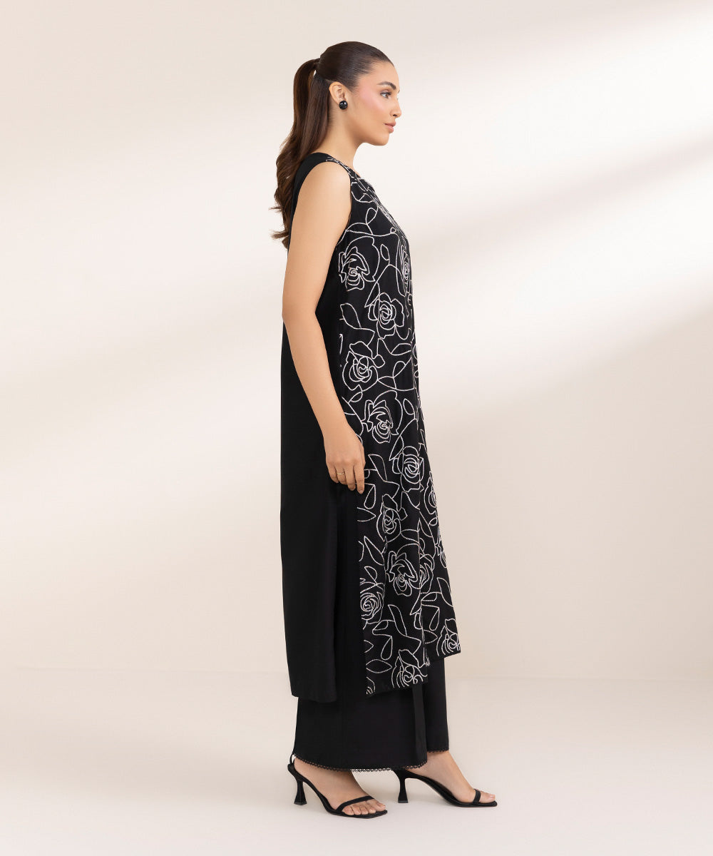 Women's Pret Raw Silk Embroidered Black A-Line Shirt