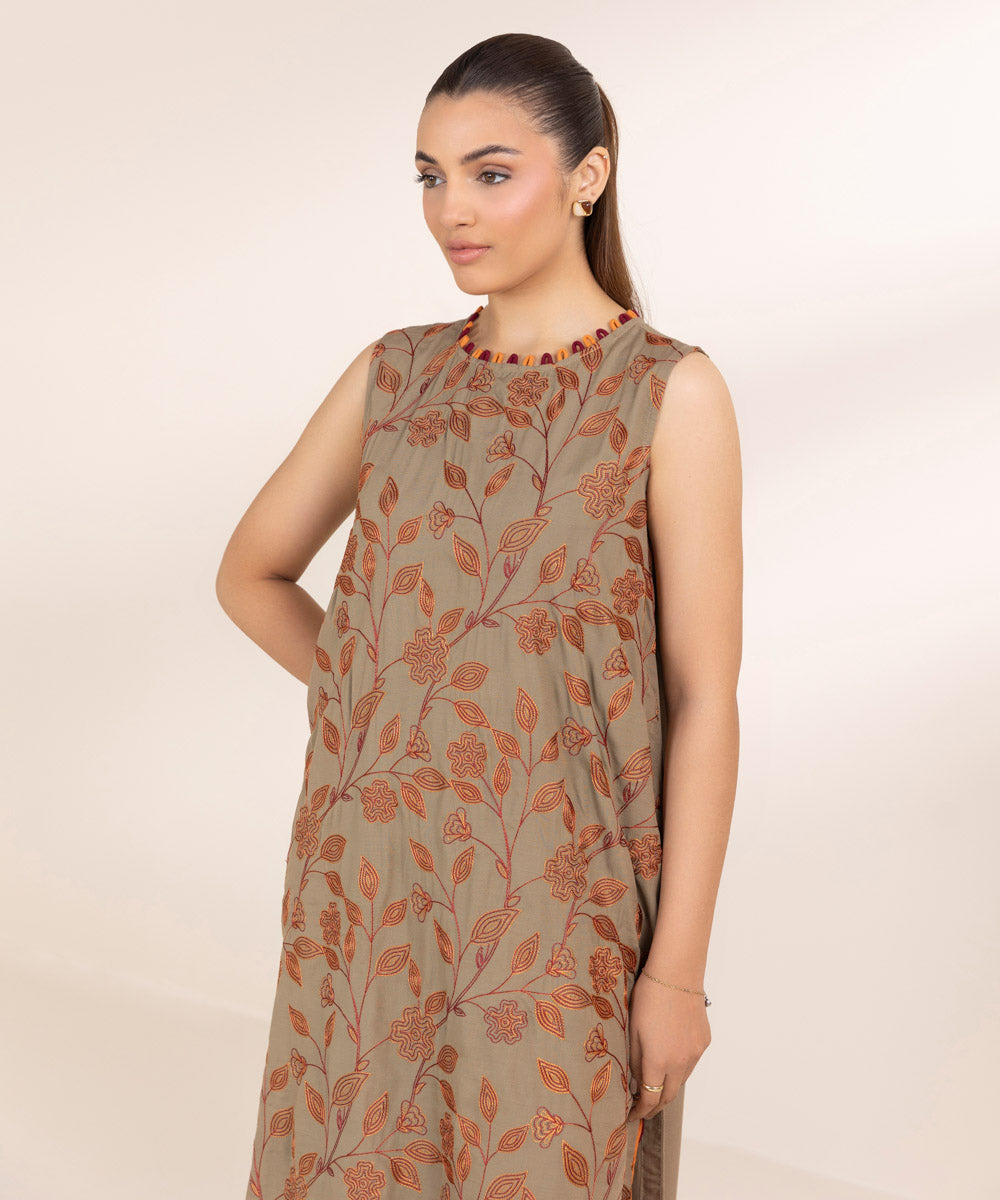 Women's Pret Raw Silk Embroidered Brown A-Line Shirt