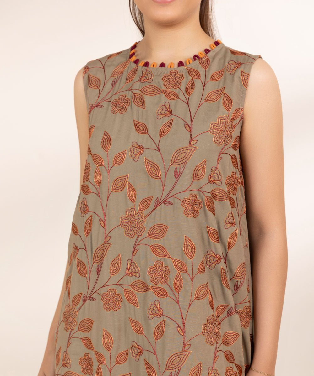 Women's Pret Raw Silk Embroidered Brown A-Line Shirt