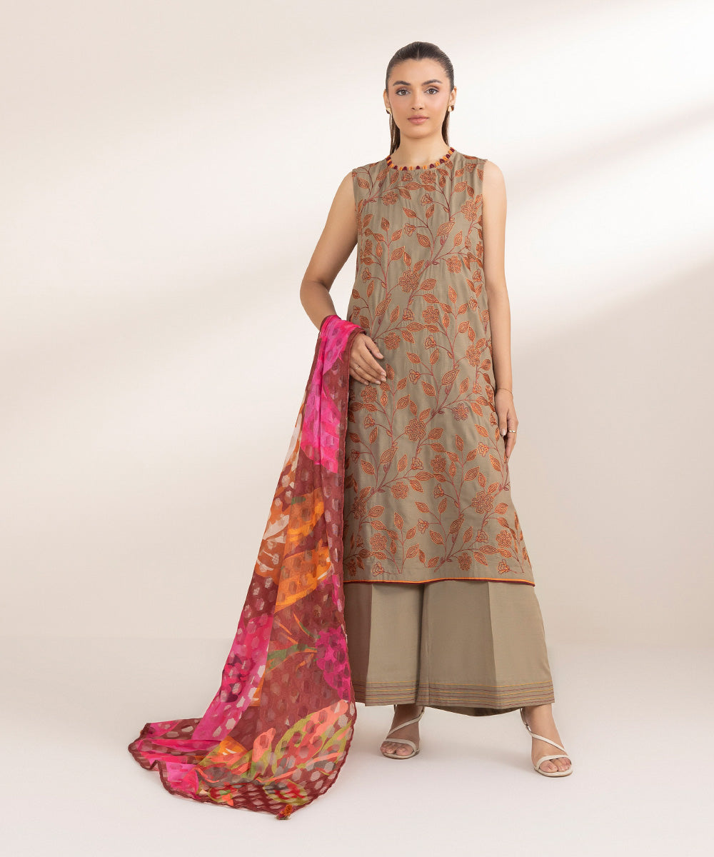 Women's Pret Raw Silk Embroidered Brown A-Line Shirt