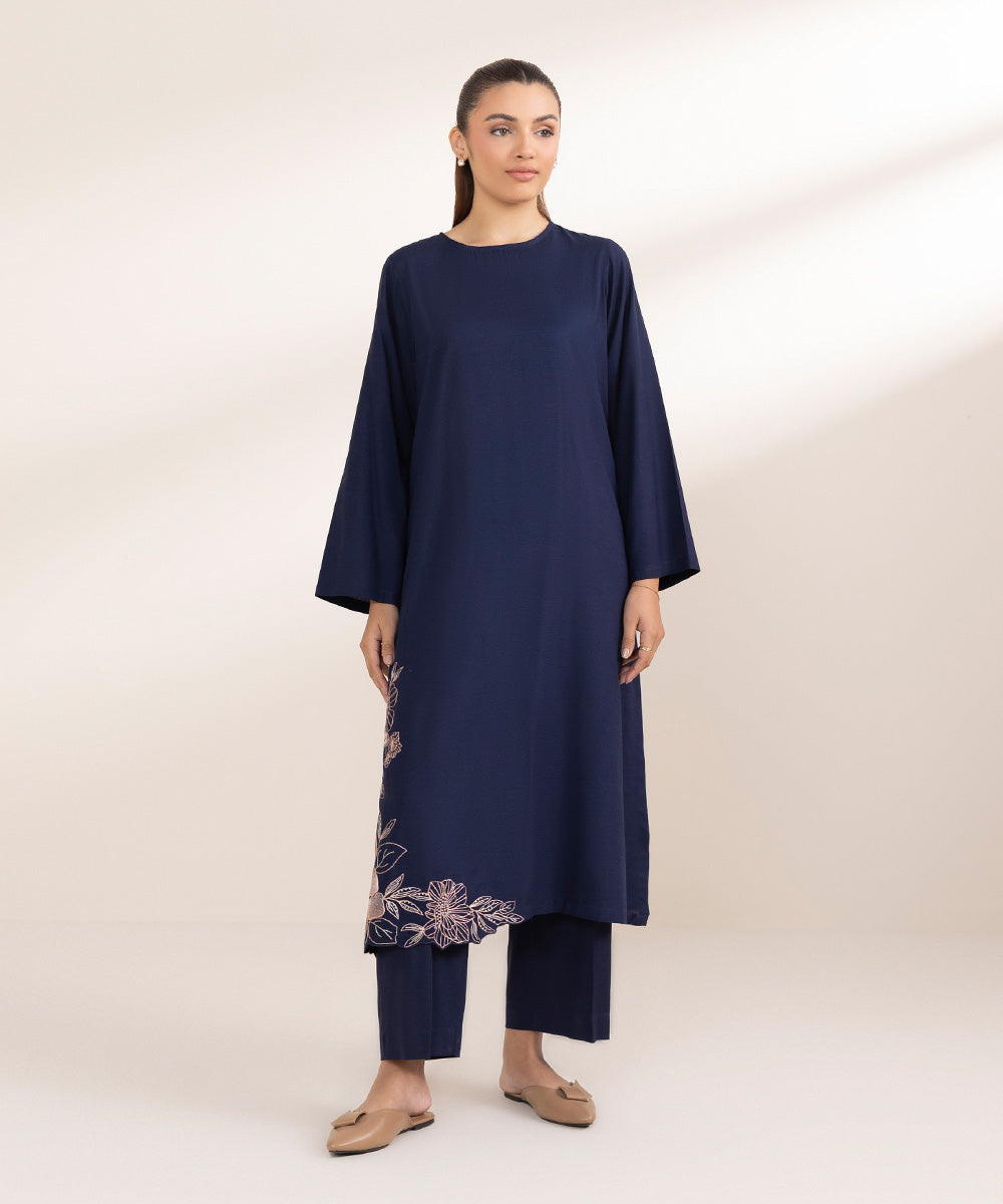 Women's Pret Raw Silk Embroidered Blue A-Line Shirt