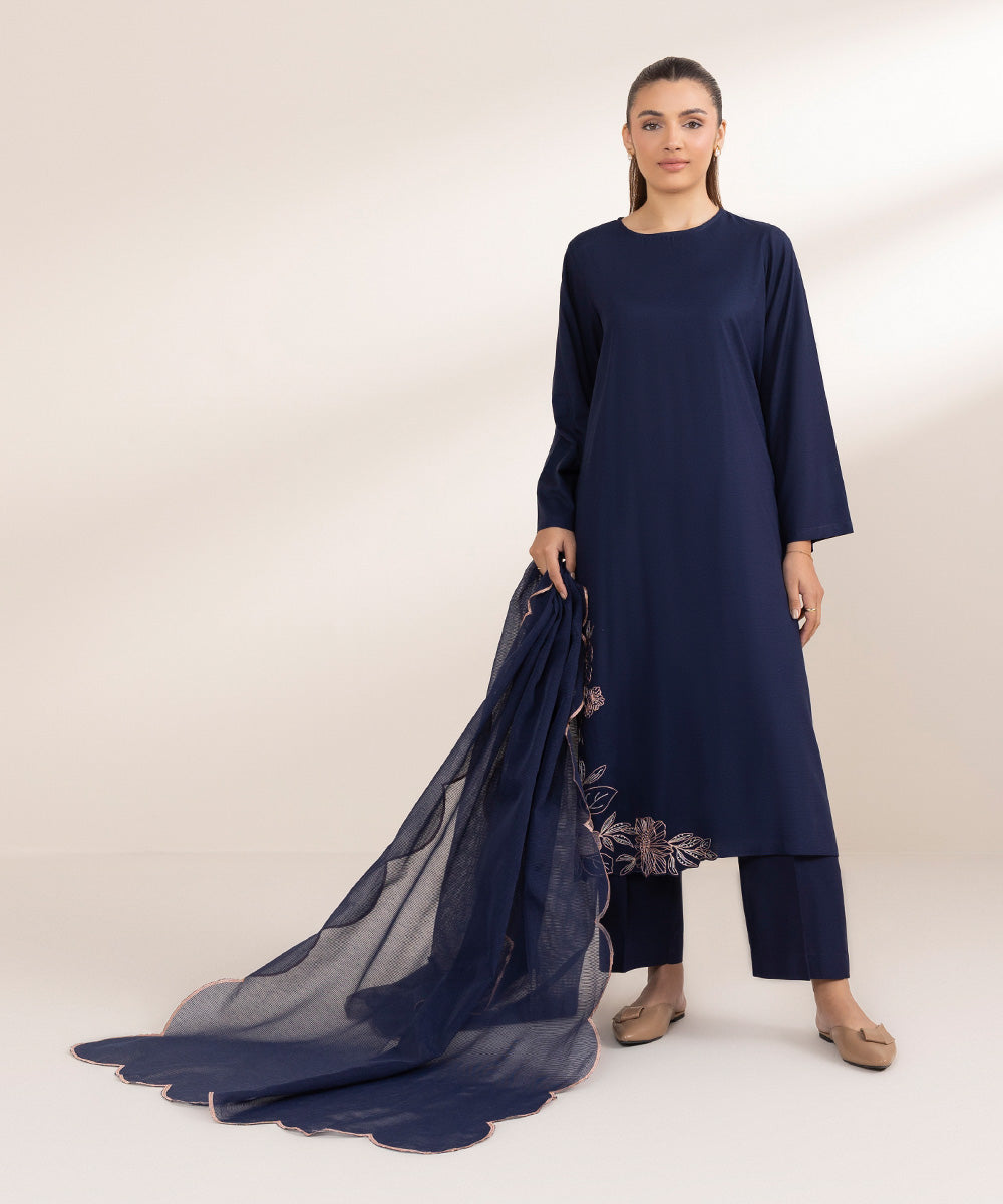 Women's Pret Raw Silk Embroidered Blue A-Line Shirt