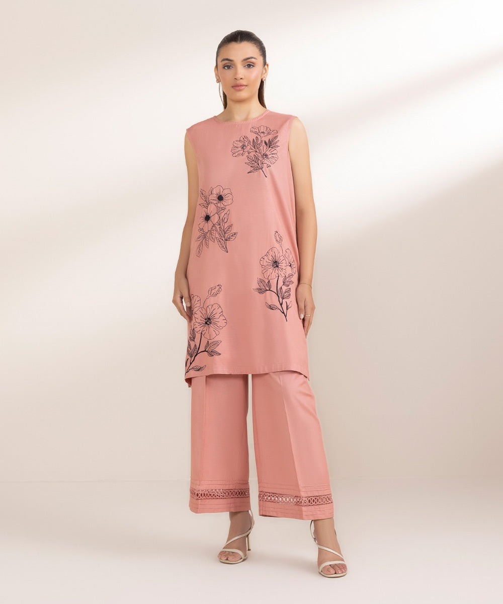 Women's Pret Raw Silk Embroidered Pink A-Line Shirt