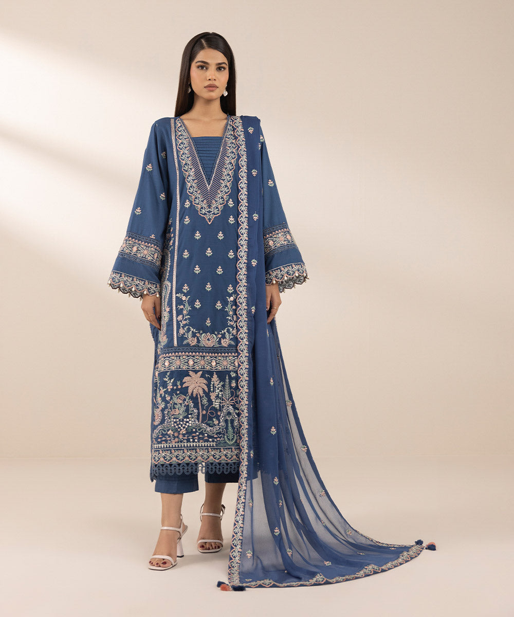 Blended Chiffon Blue Embroidered Dupatta