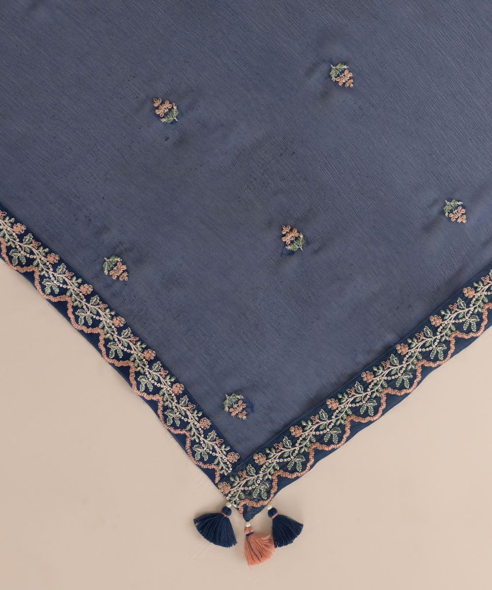 Blended Chiffon Blue Embroidered Dupatta