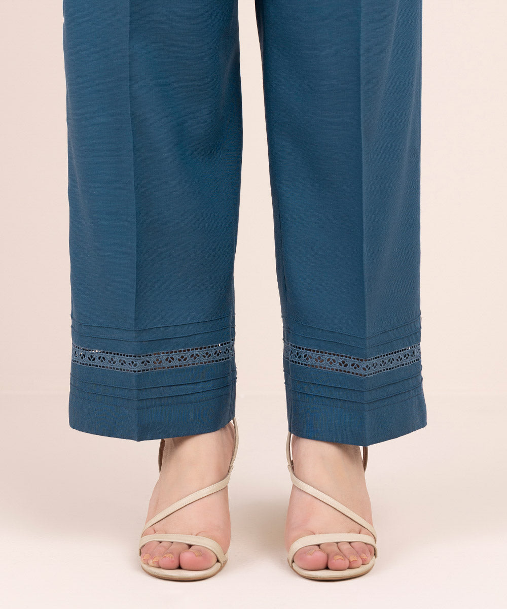 Women's Pret Cambric Blue Solid Straight Pants