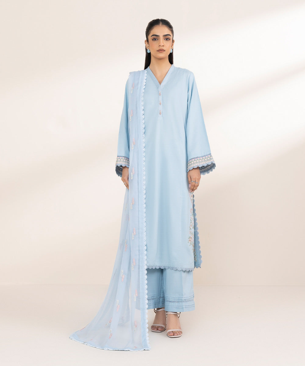 Blended Chiffon Blue Embroidered Dupatta