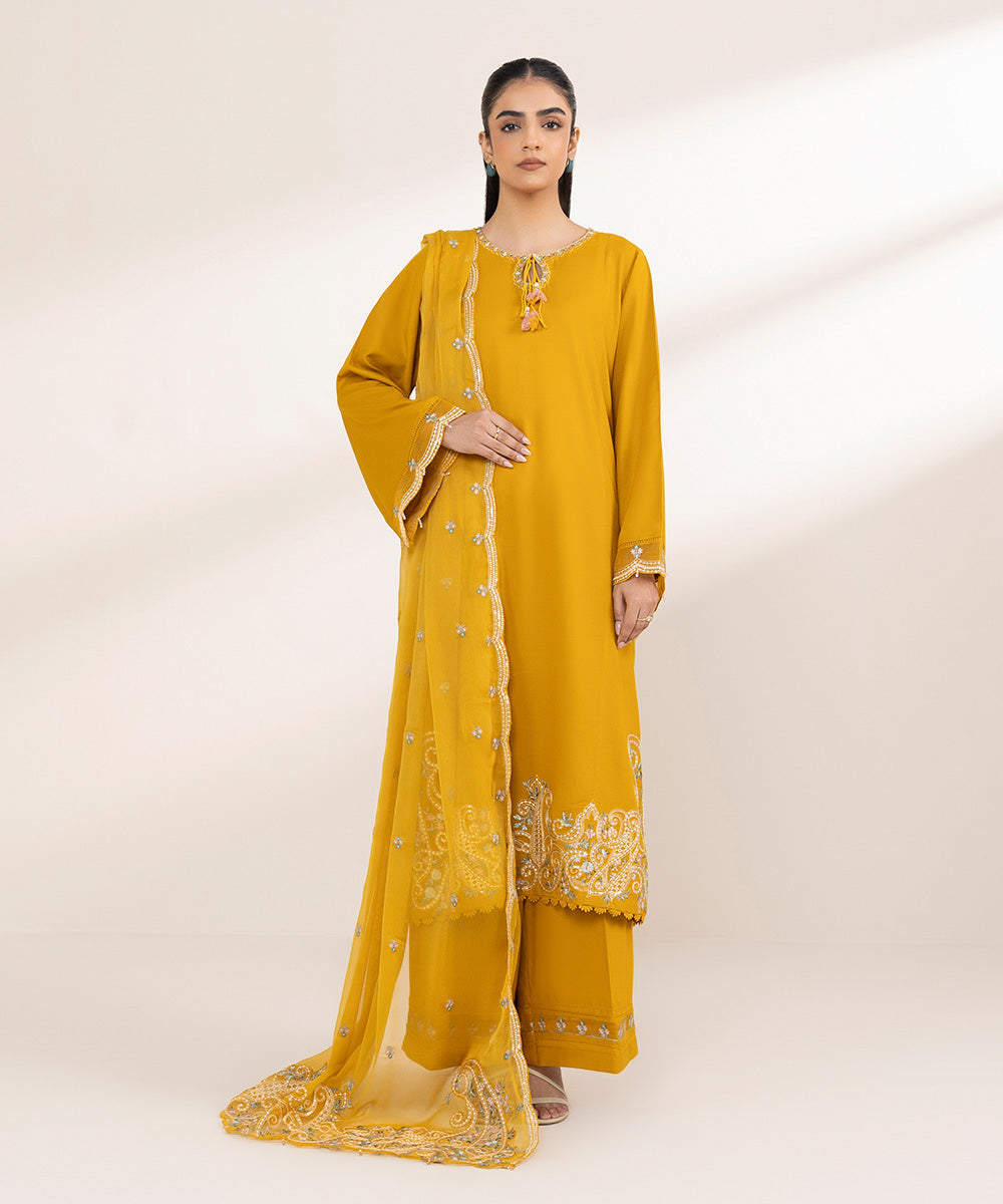 Blended Chiffon Mustard Embroidered Dupatta