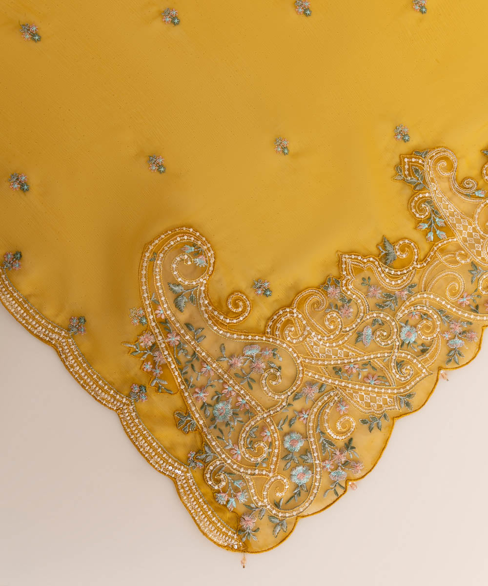 Blended Chiffon Mustard Embroidered Dupatta