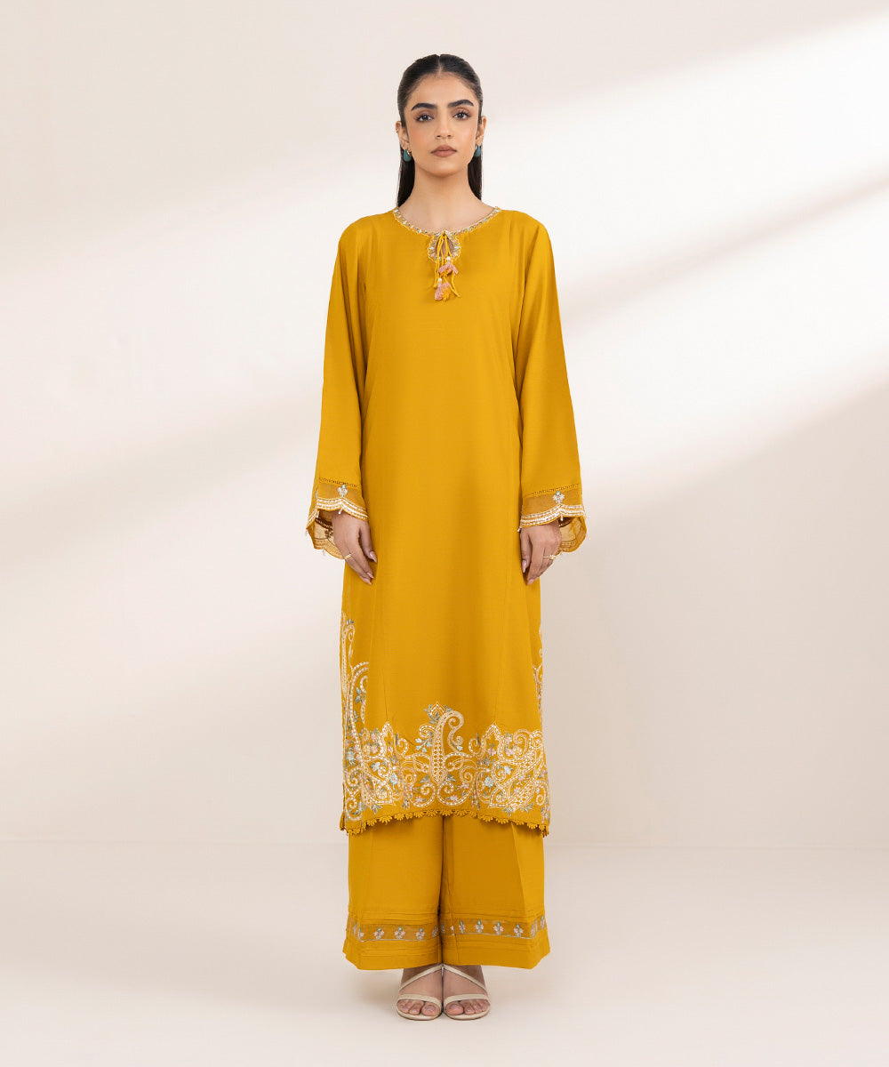 Women's Pret Cotton Viscose Mustard Embroidered A-Line Shirt