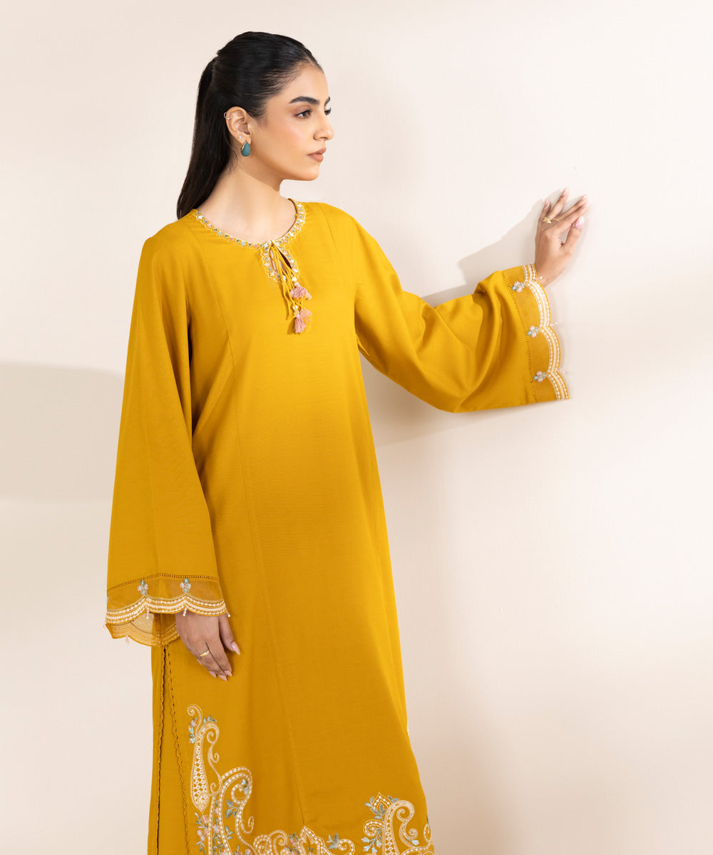 Women's Pret Cotton Viscose Mustard Embroidered A-Line Shirt