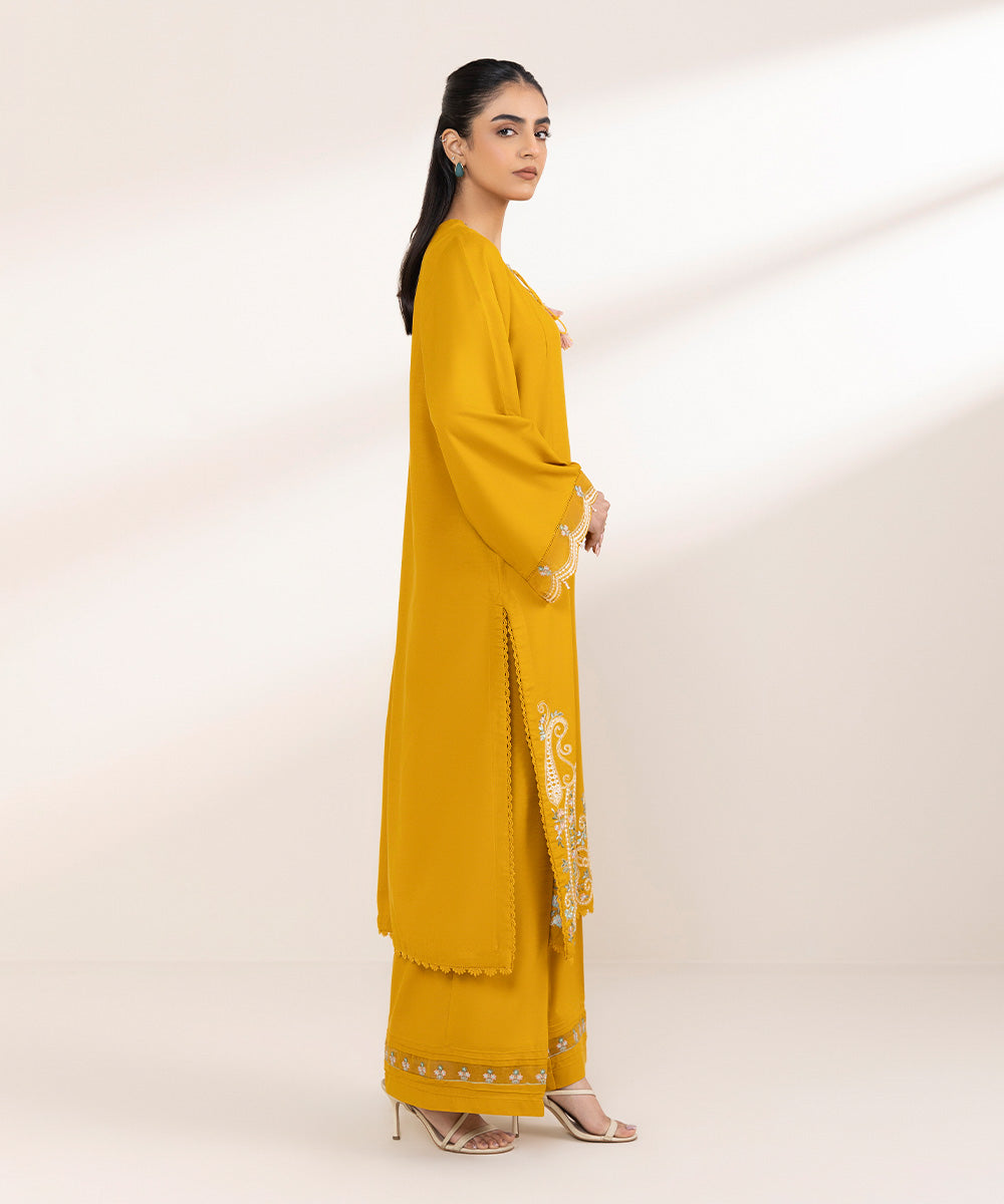 Women's Pret Cotton Viscose Mustard Embroidered A-Line Shirt