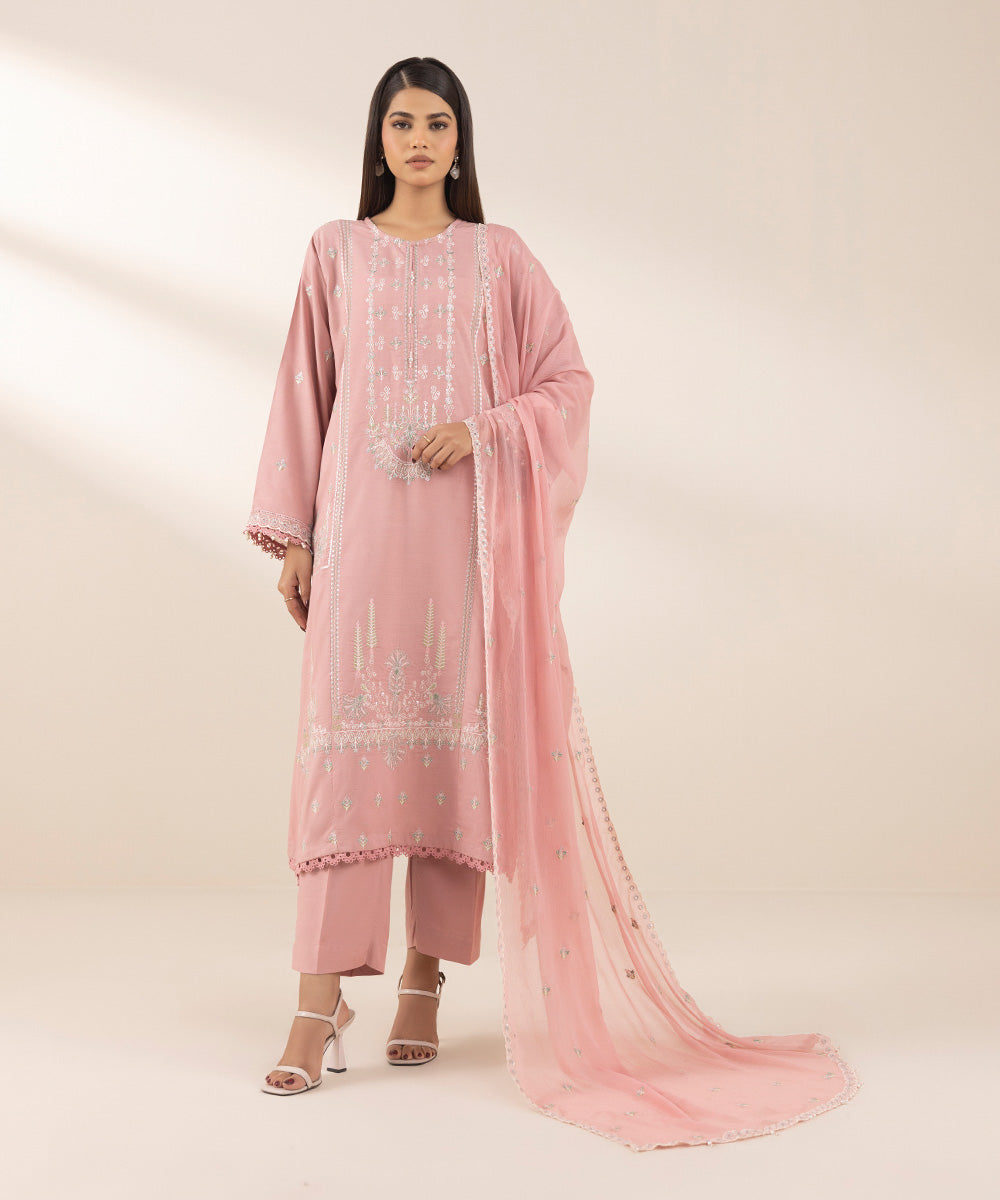 Blended Chiffon Pink Embroidered Dupatta