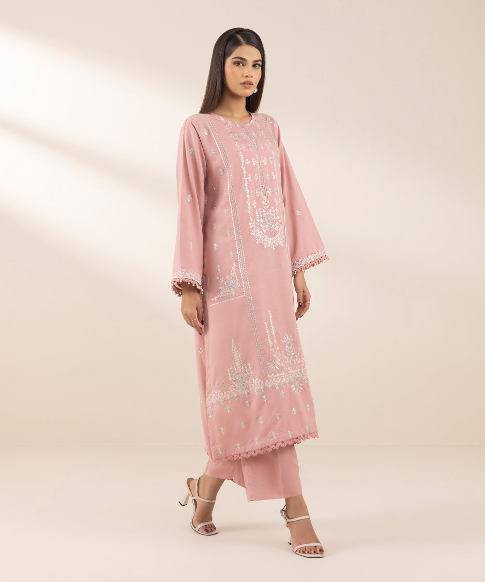 Women's Pret Cotton Viscose Pink Embroidered A-Line Shirt