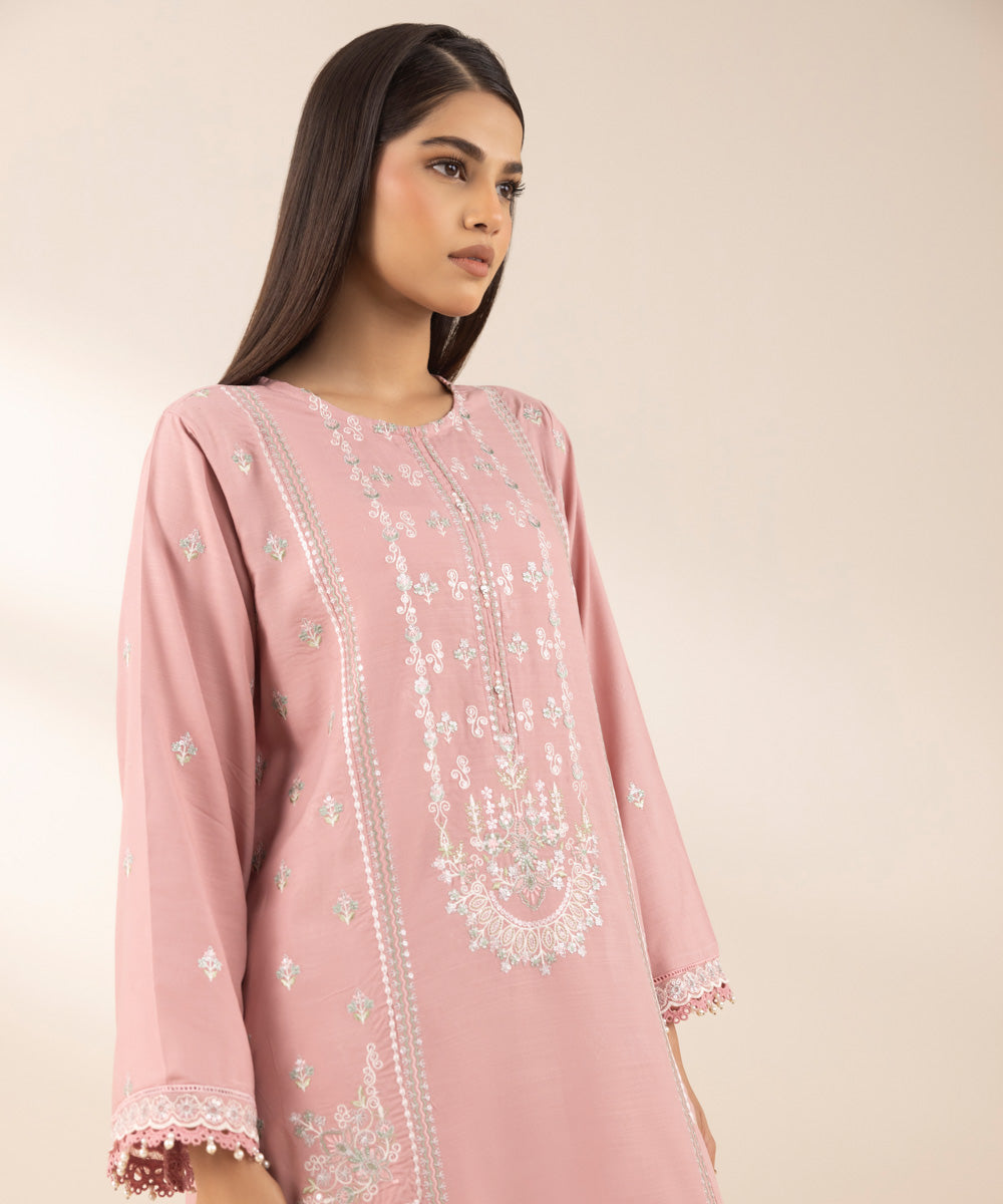 Women's Pret Cotton Viscose Pink Embroidered A-Line Shirt