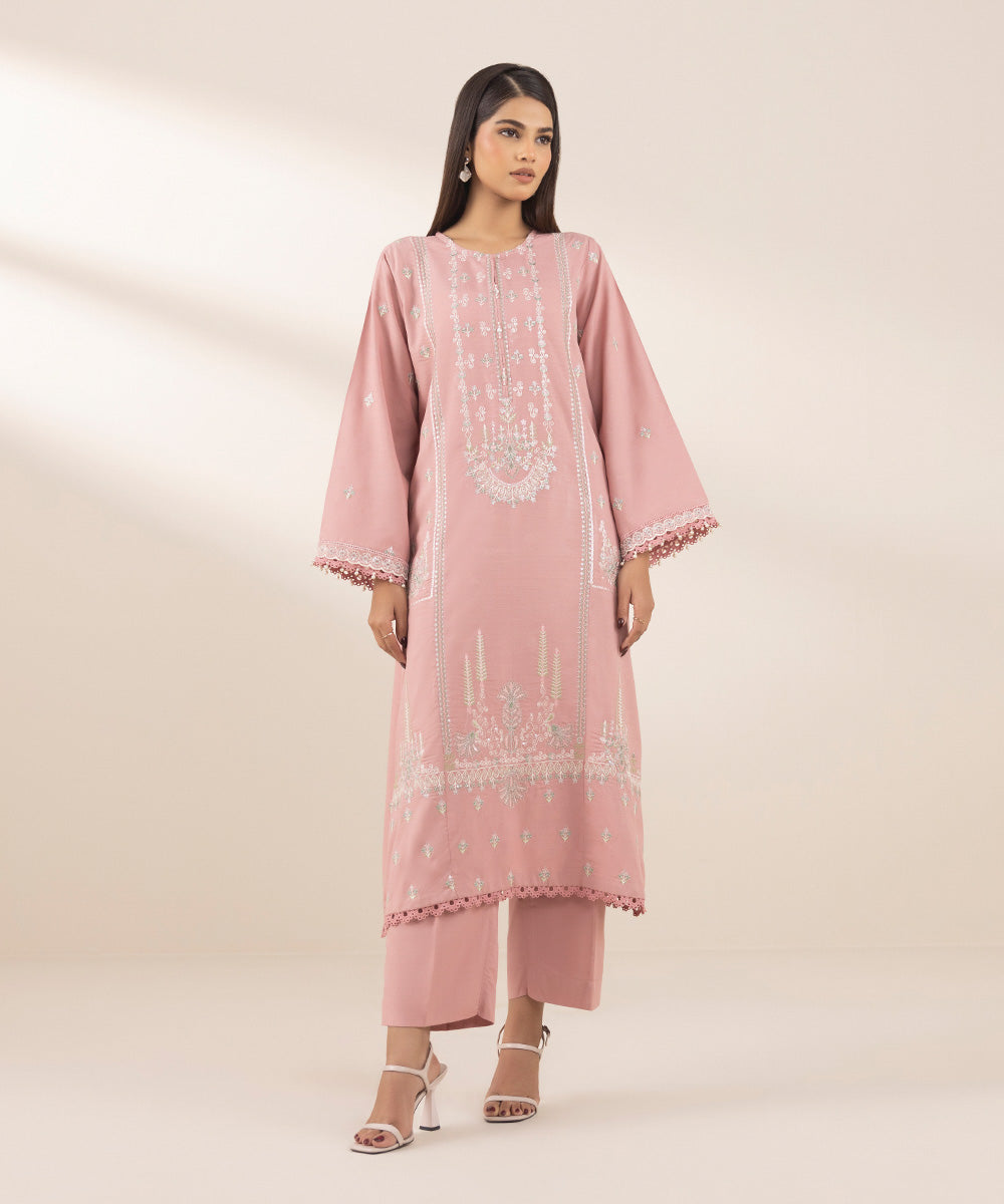 Women's Pret Cotton Viscose Pink Embroidered A-Line Shirt