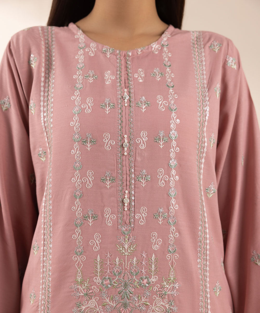 Women's Pret Cotton Viscose Pink Embroidered A-Line Shirt