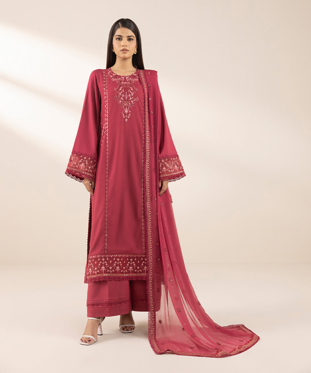 Blended Chiffon Red Embroidered Dupatta