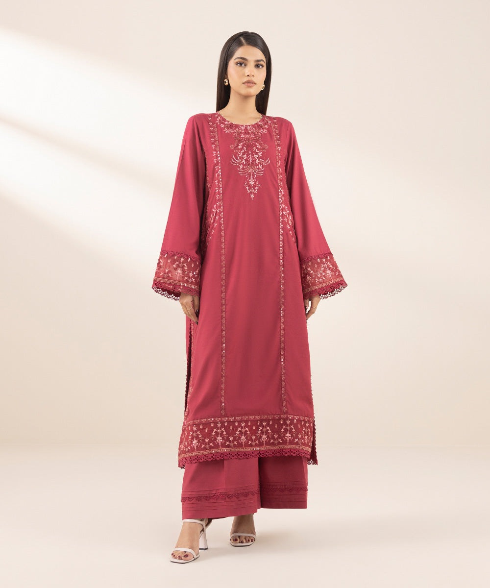 Women's Pret Cotton Viscose Red Embroidered A-Line Shirt