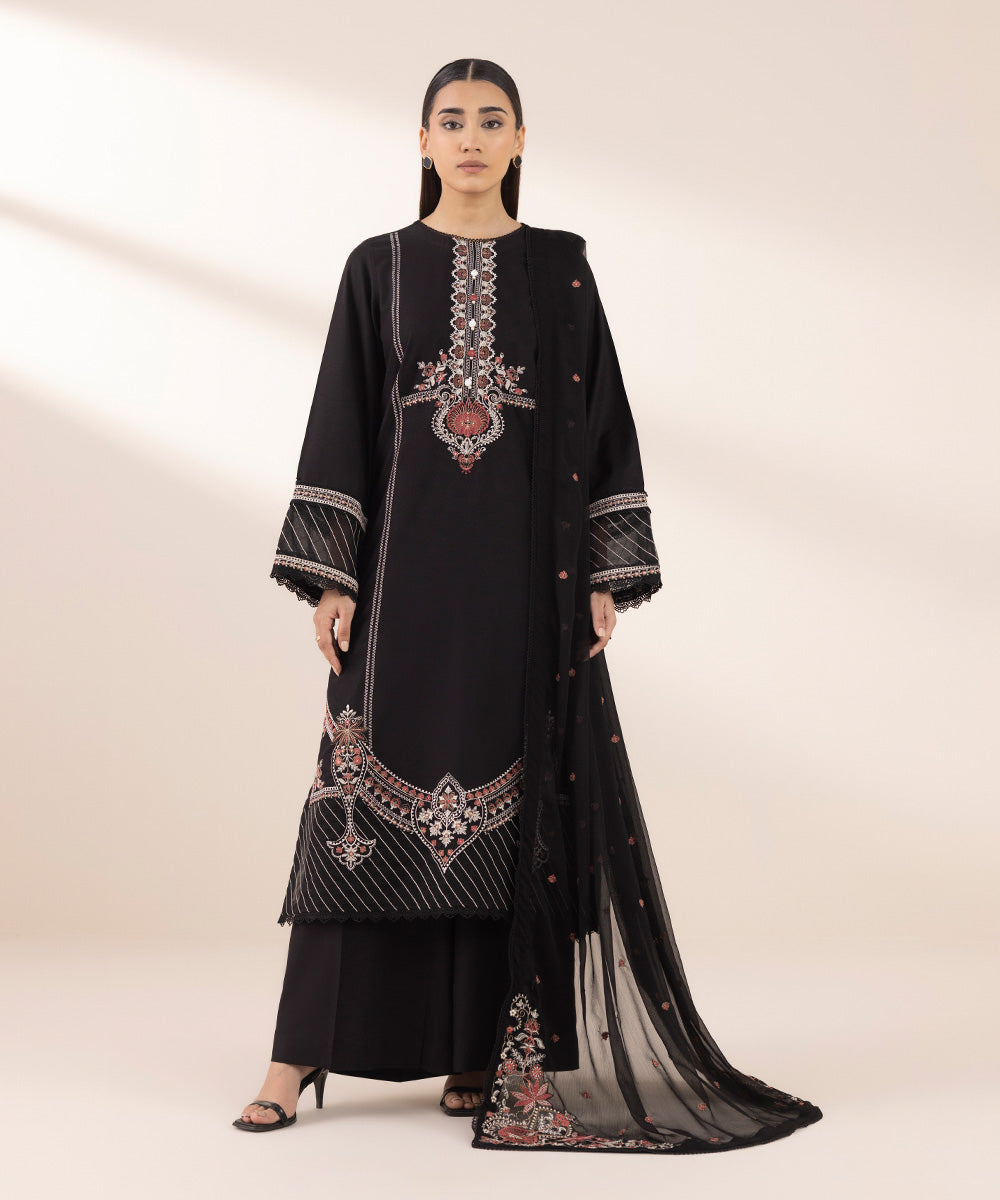 Blended Chiffon Black Embroidered Dupatta