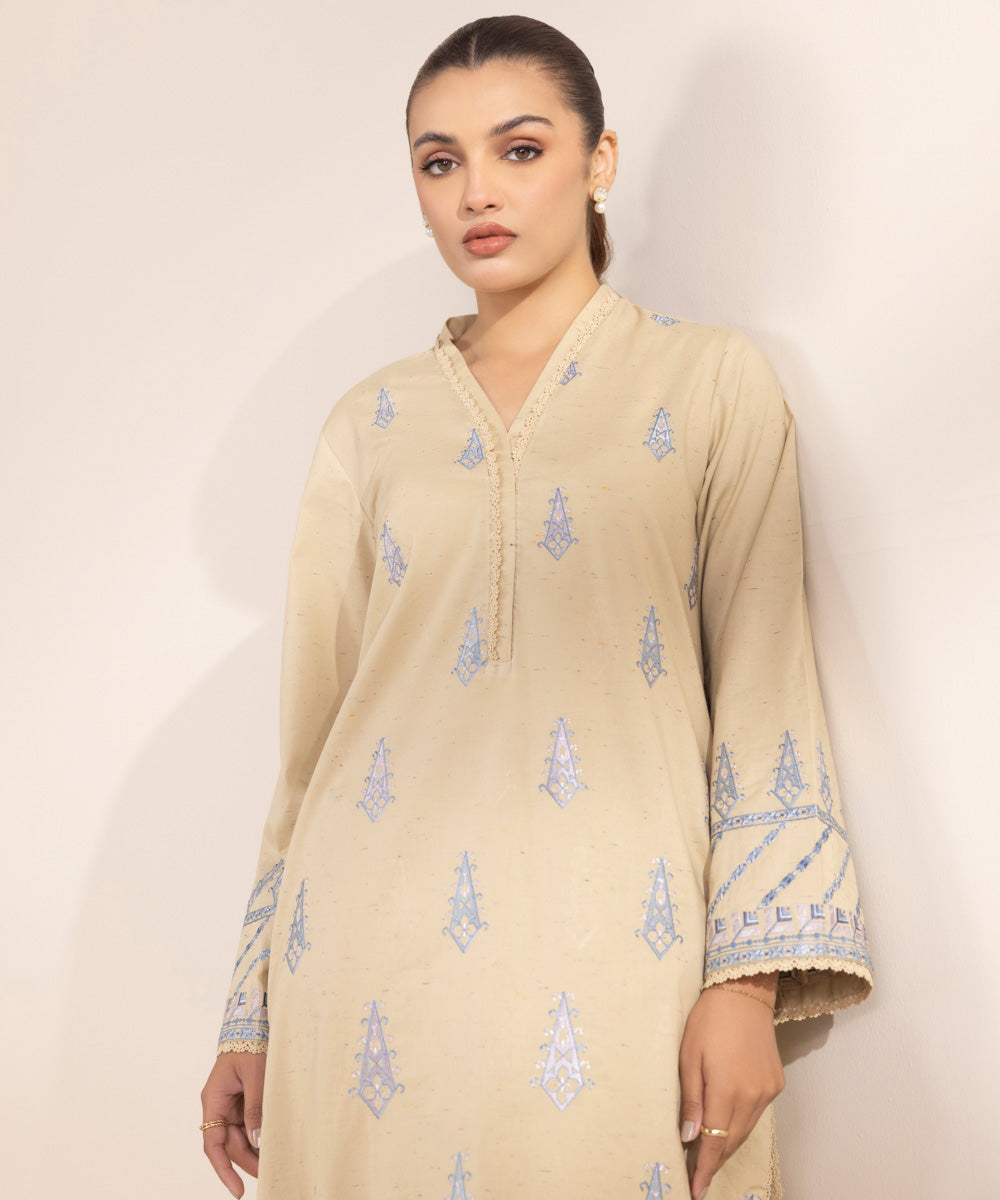 Women's Pret Multineps Beige Embroidered A-Line Shirt