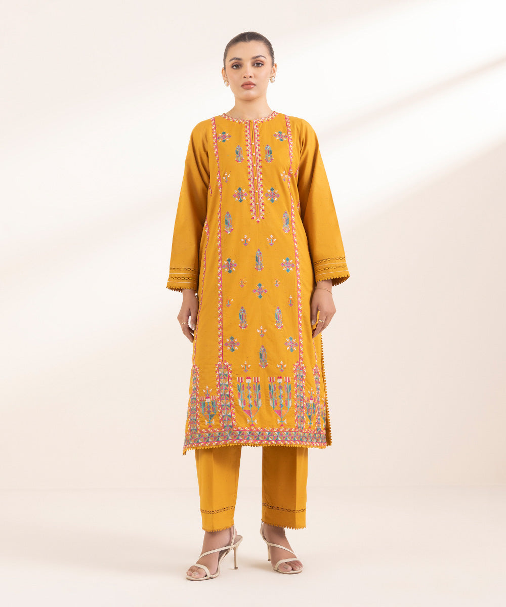 Women's Pret Multineps Orange Embroidered A-Line Shirt