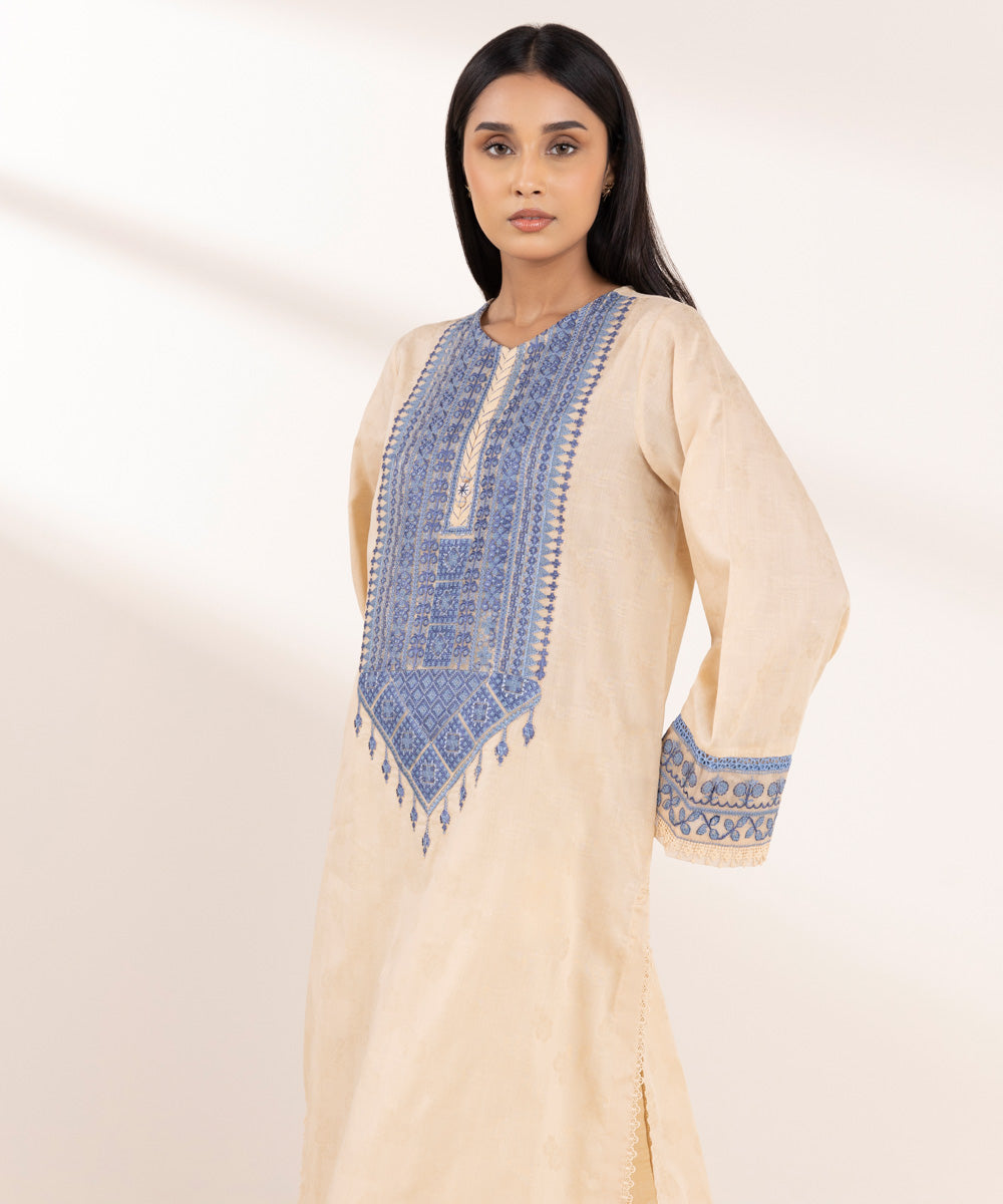 Women's Pret Cotton Jacquard Beige Embroidered Straight Shirt