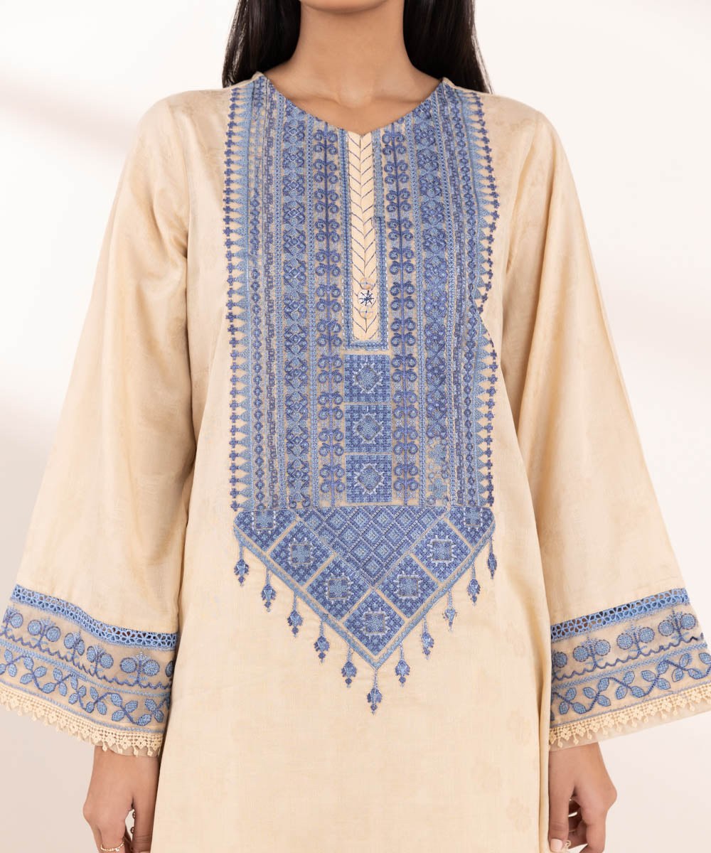 Women's Pret Cotton Jacquard Beige Embroidered Straight Shirt