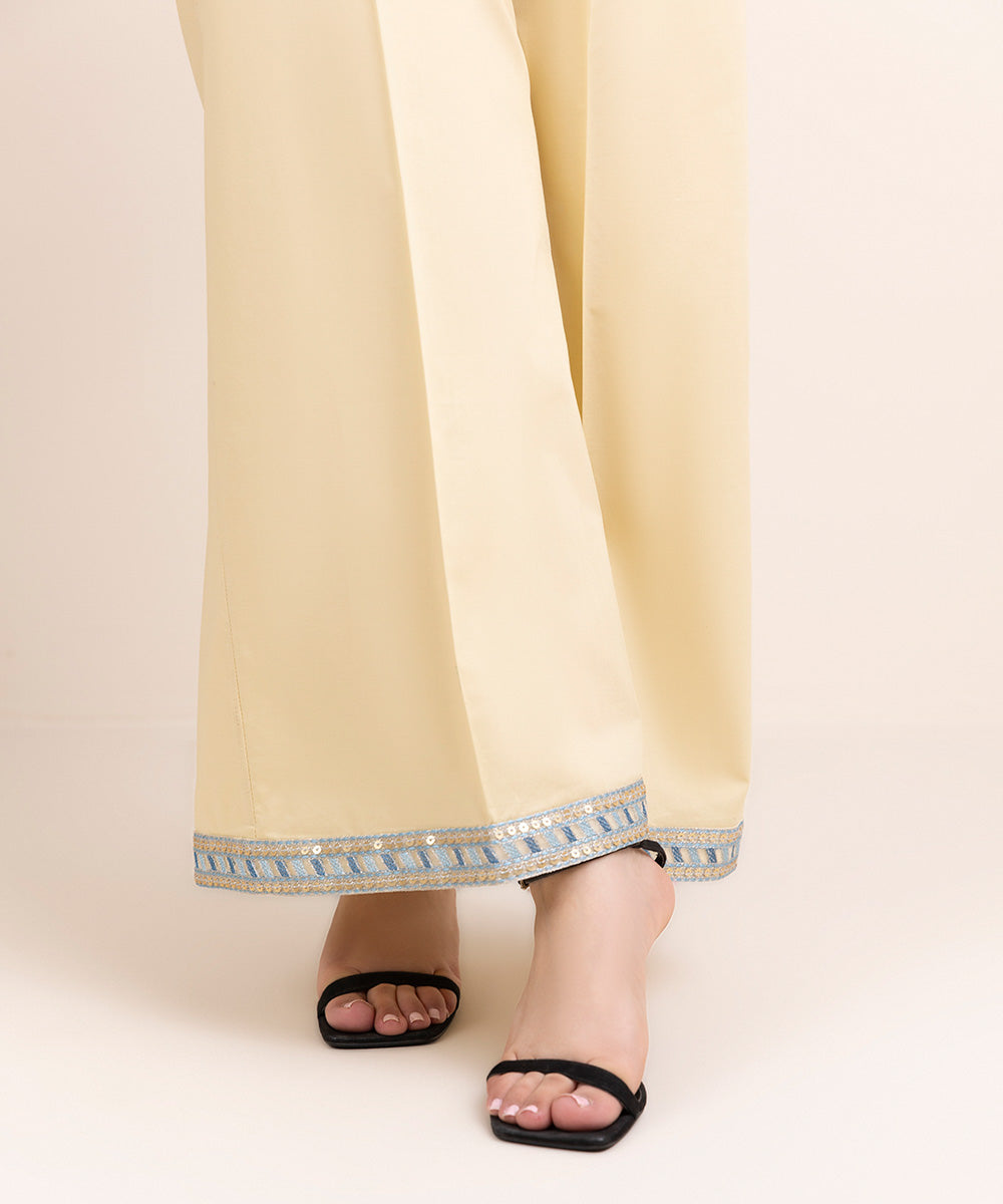 Women's Pret Cambric Beige Embroidered Flared Pants